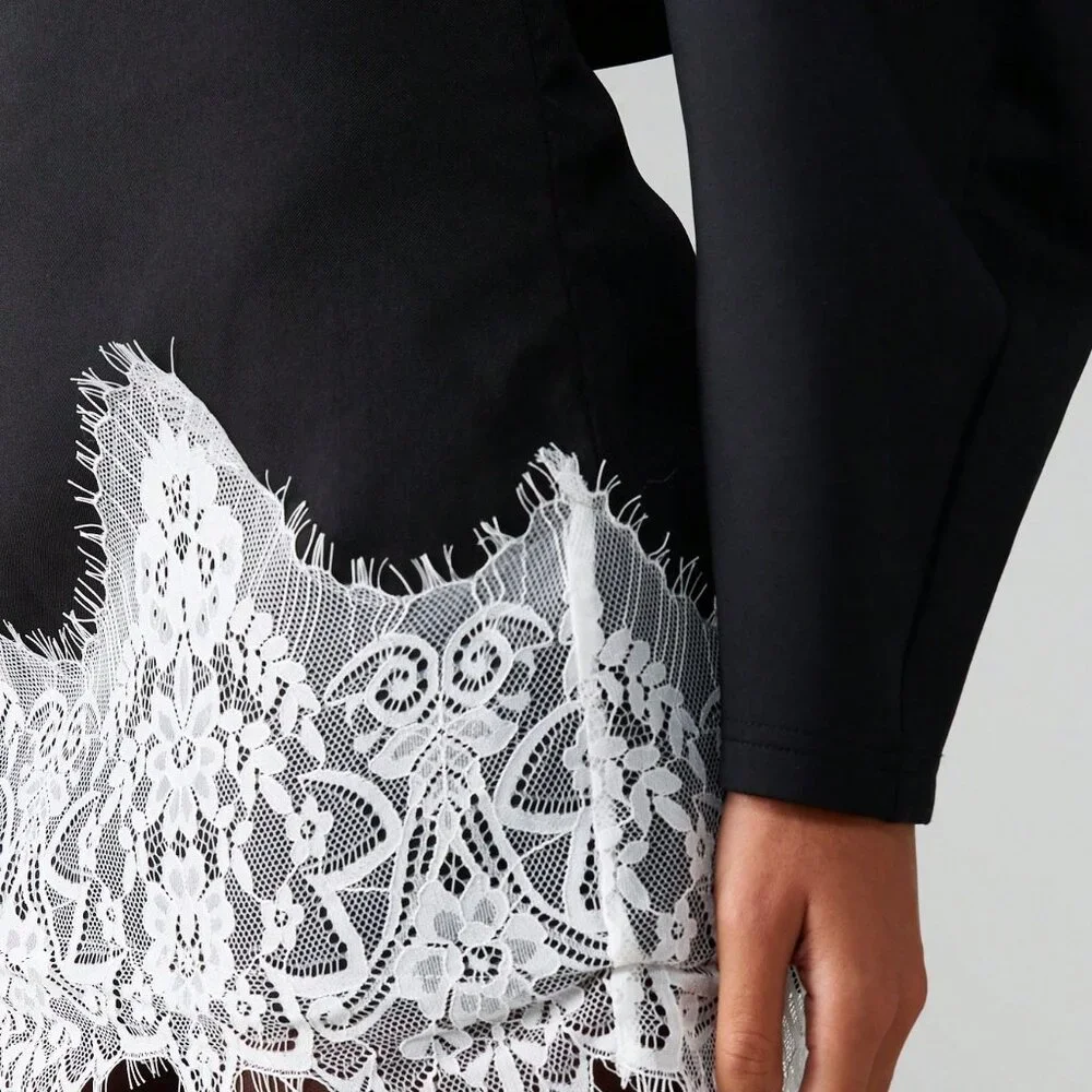 Black and White High Preppy Womens Waisted Mini Skirt w/Eyelash Lace Hem - Picture 4 of 5